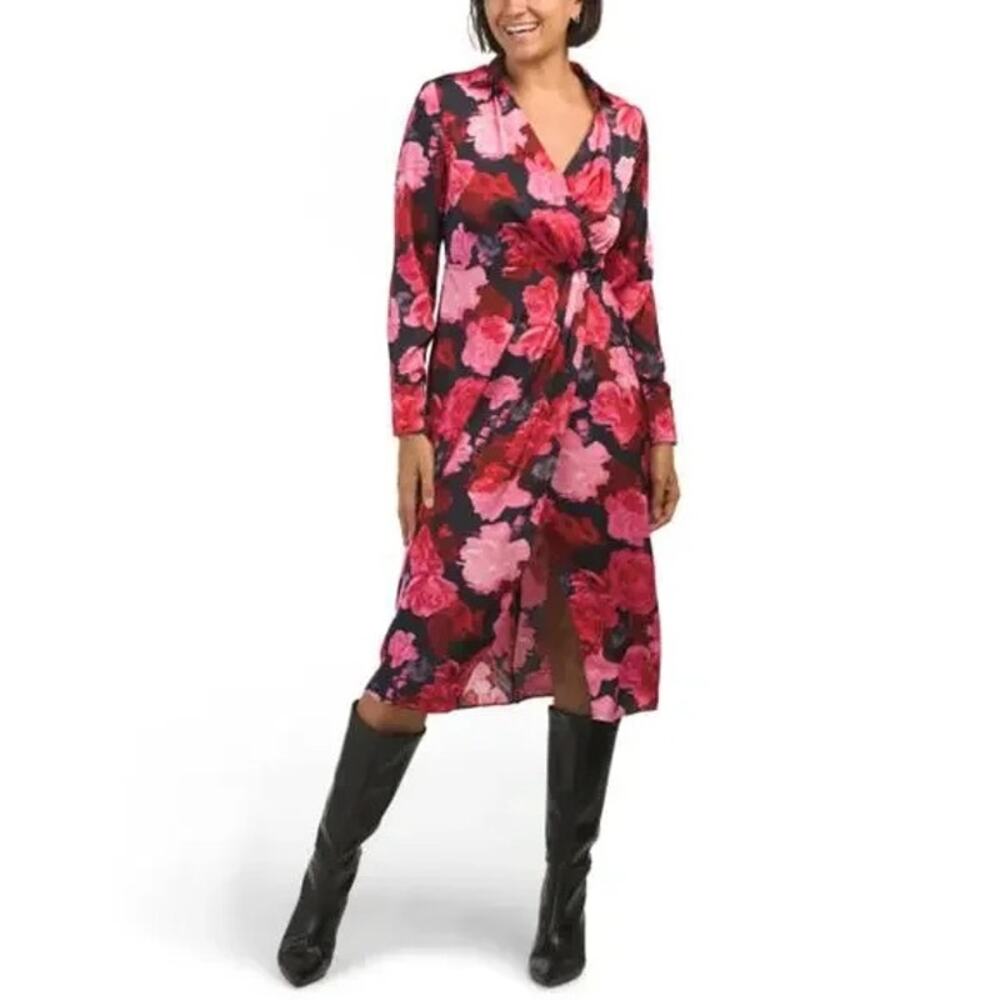 NWT Nicole Miller Floral Dress Collared Midi Faux Wrap Pink Navy Womens Size 6 - Picture 2 of 15